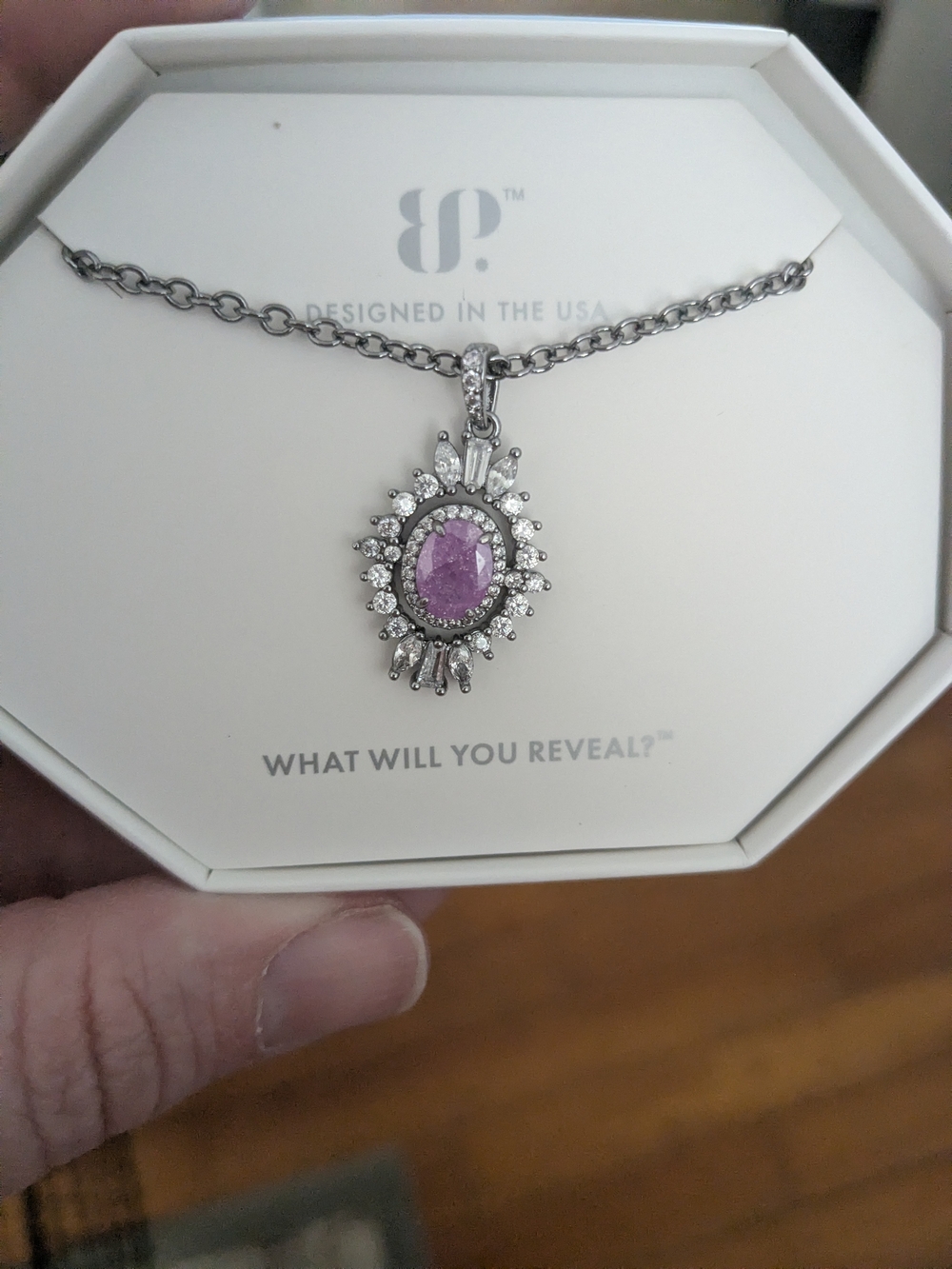 bp Silver-Tone Necklace with Pink Oval Halo Pendant and Clear Stones